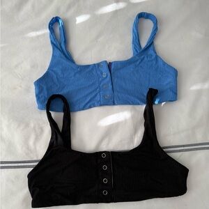 Women's Blue and Black Button-Front Crop Tops